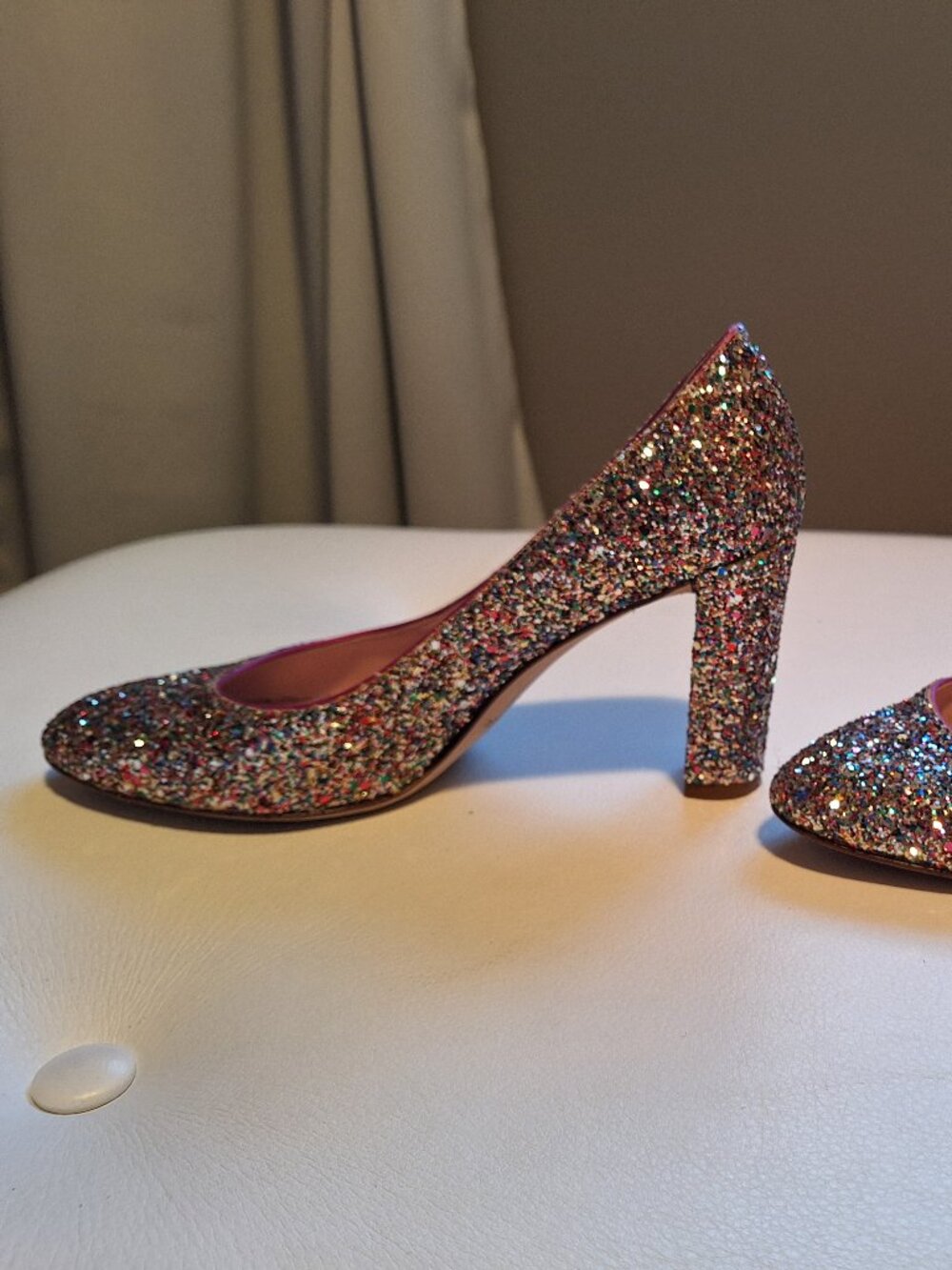 kate spade multicolor glitter chunky heels